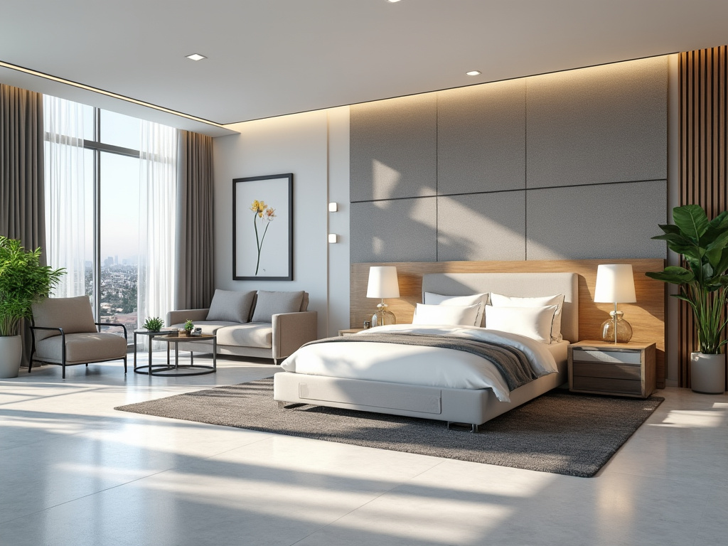 Habitación moderna con cama doble, sofá, mesitas de noche y grandes ventanales con vista a la ciudad.