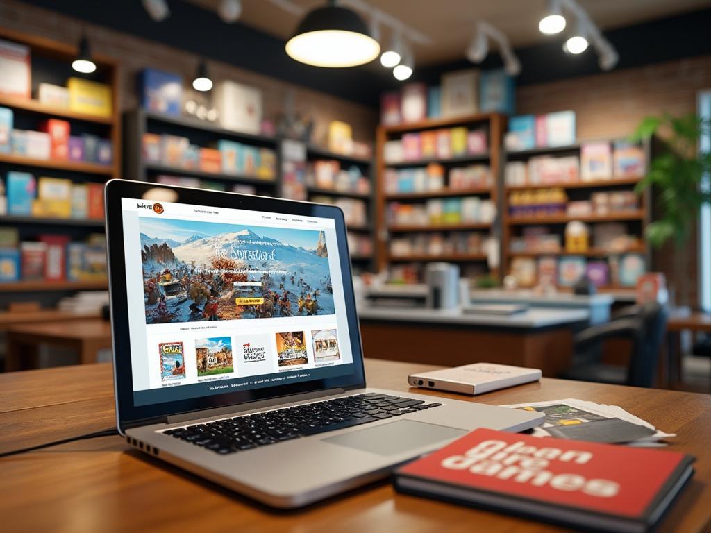 Portátil mostrando un sitio web de juegos sobre una mesa de madera en una librería con estantes llenos de libros al fondo.