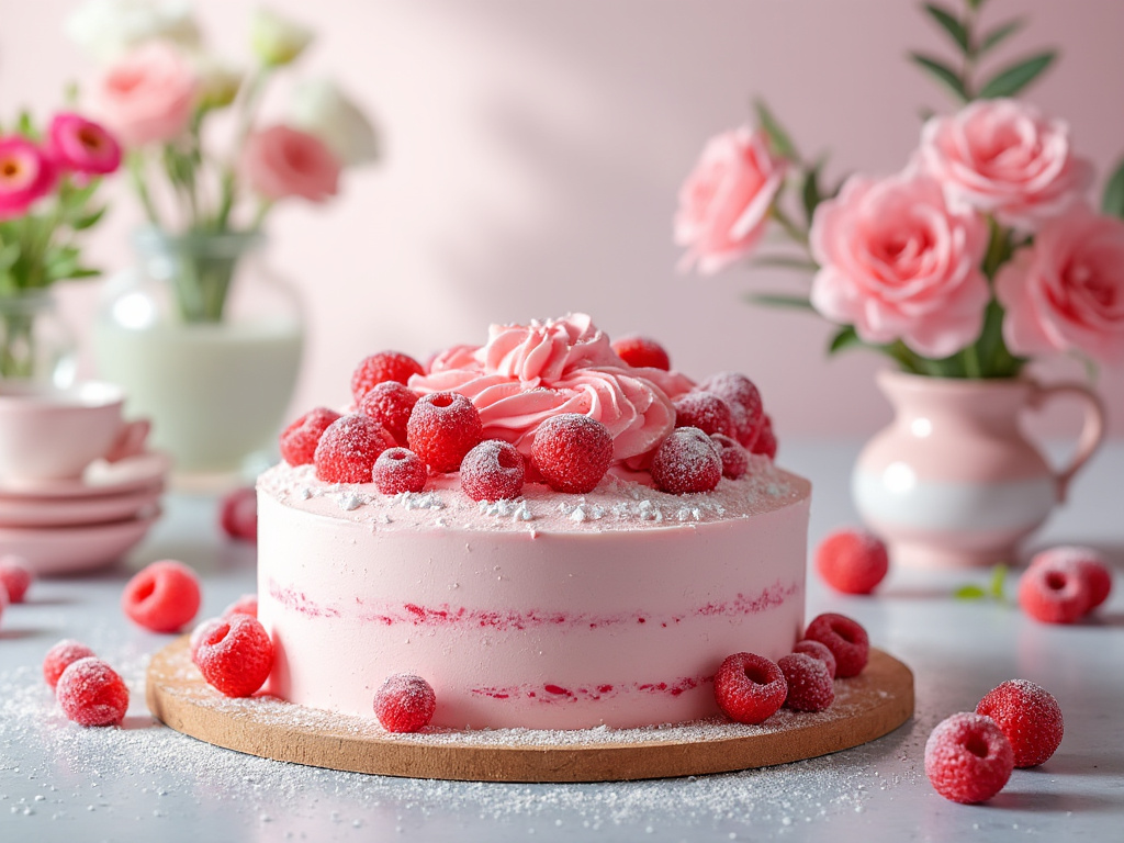 Tarta rosa con frambuesas y crema, decorada con flores rosadas y fondant sobre mesa blanca.