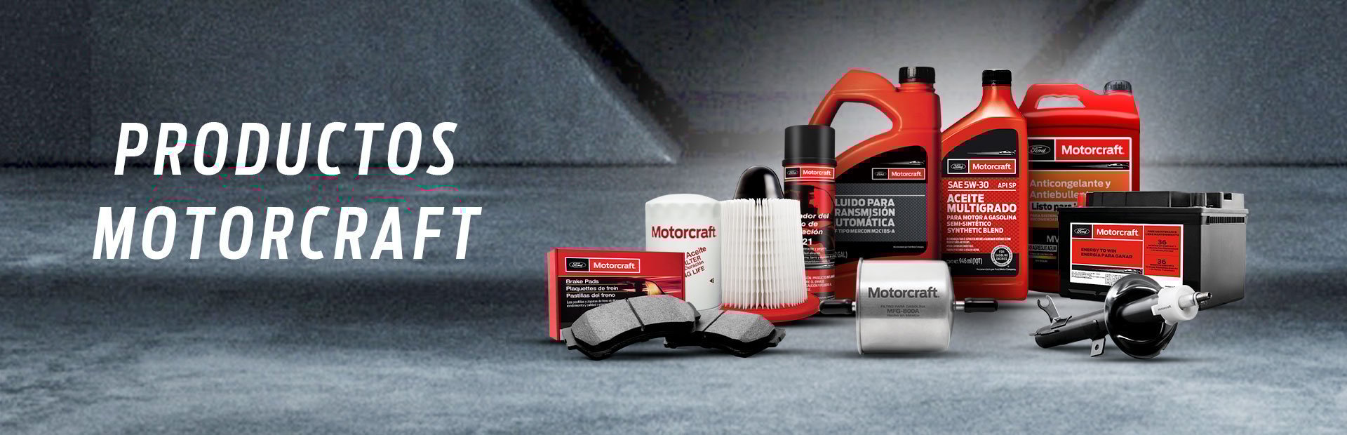 Variedad de productos Motorcraft, incluyendo aceite, filtro y piezas automotrices, sobre fondo gris.