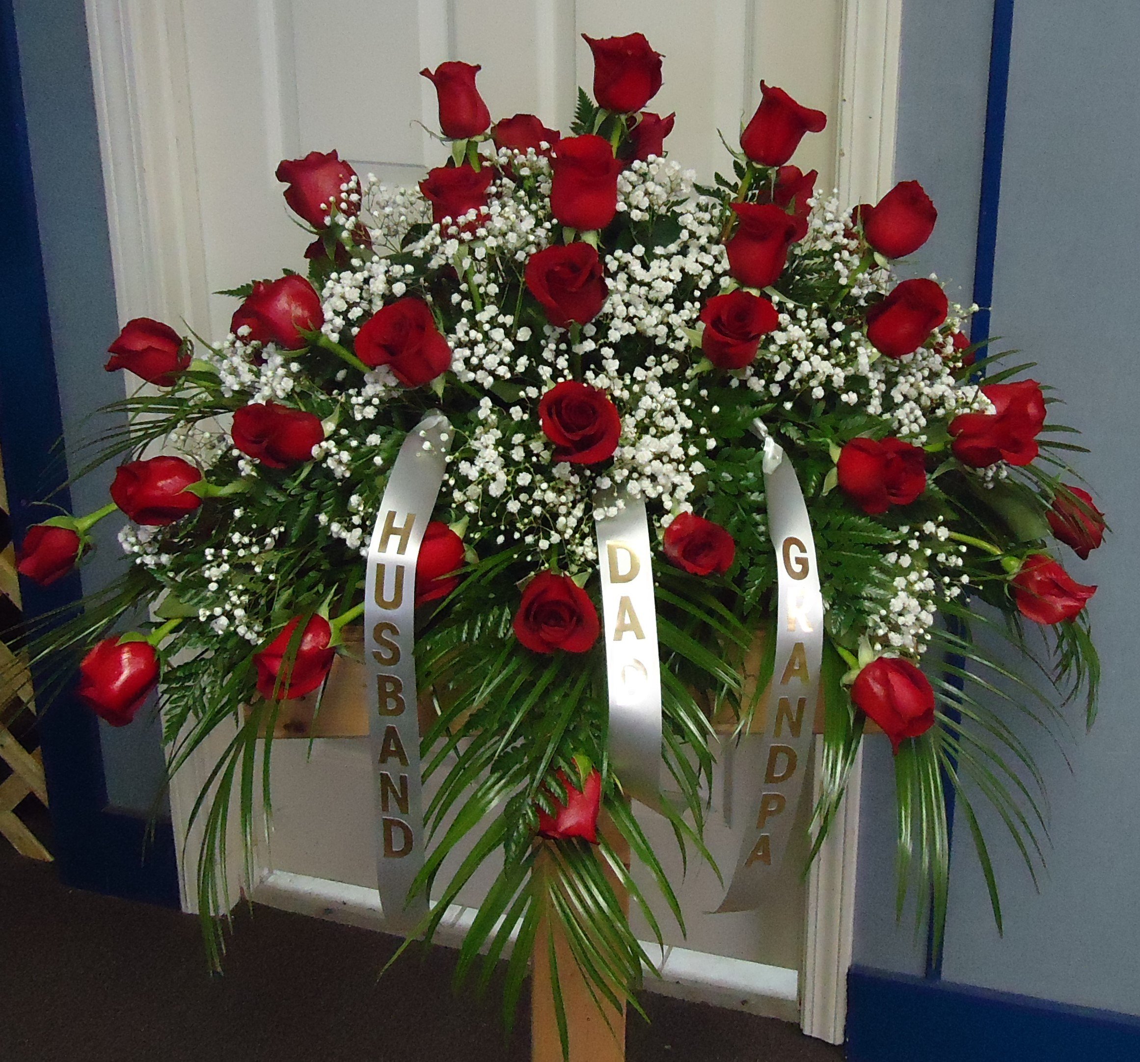 &quot;RED BEAUTY&quot; 
    Red Roses
   w/ Baby&apos;s Breath
     $425.00
Add A Banner ($5.00 &amp; Up)