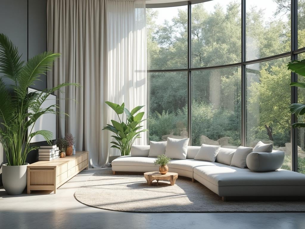 Sala de estar moderna con sofá blanco, grandes ventanales curvados, plantas en macetas y mesa de centro redonda.