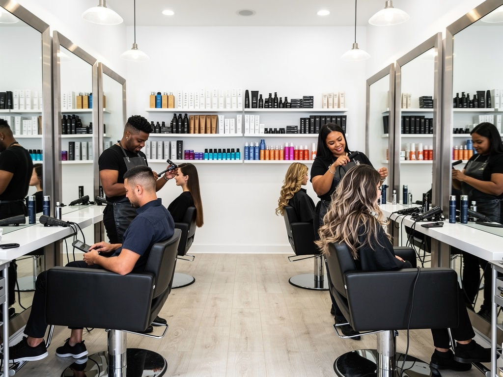 Salón de belleza moderno con estilistas cortando y peinando el cabello de clientes frente a espejos