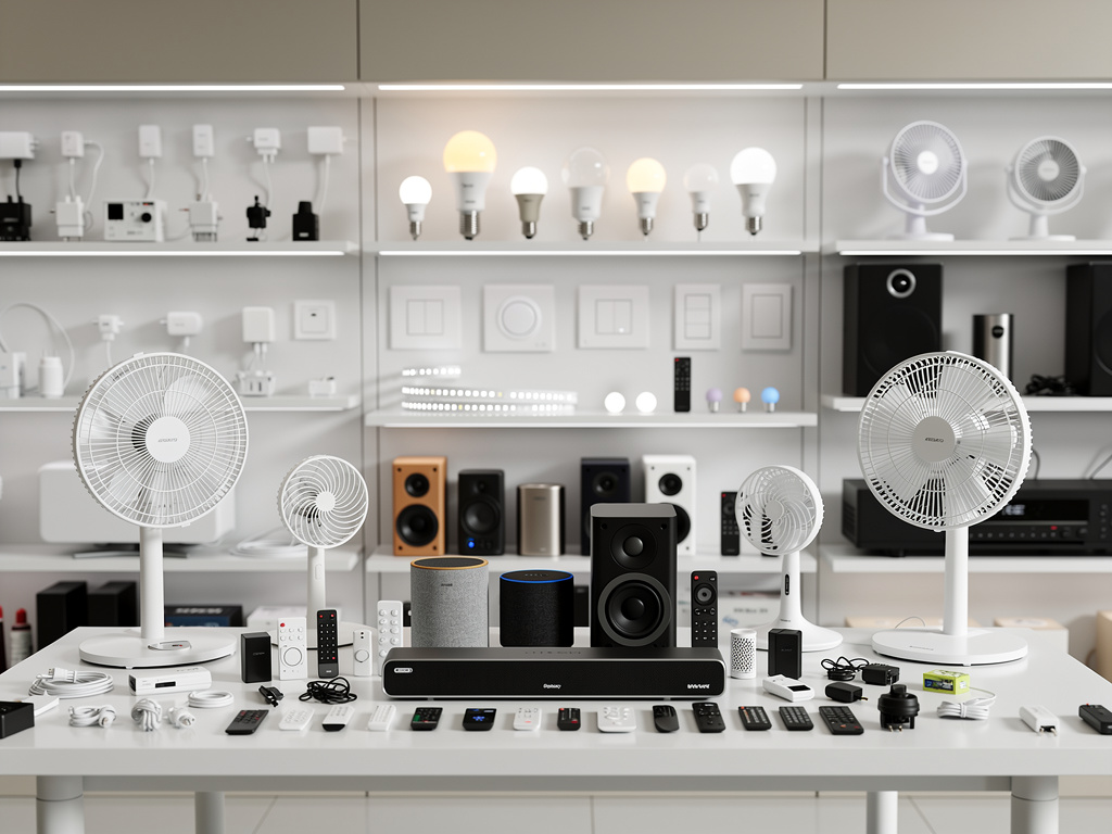Exhibición de dispositivos inteligentes para el hogar con ventiladores, bombillas LED, altavoces y controles remotos