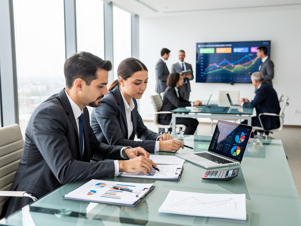 Equipo de negocios analizando gráficos financieros en una reunión corporativa con laptop, informes y pantalla de datos