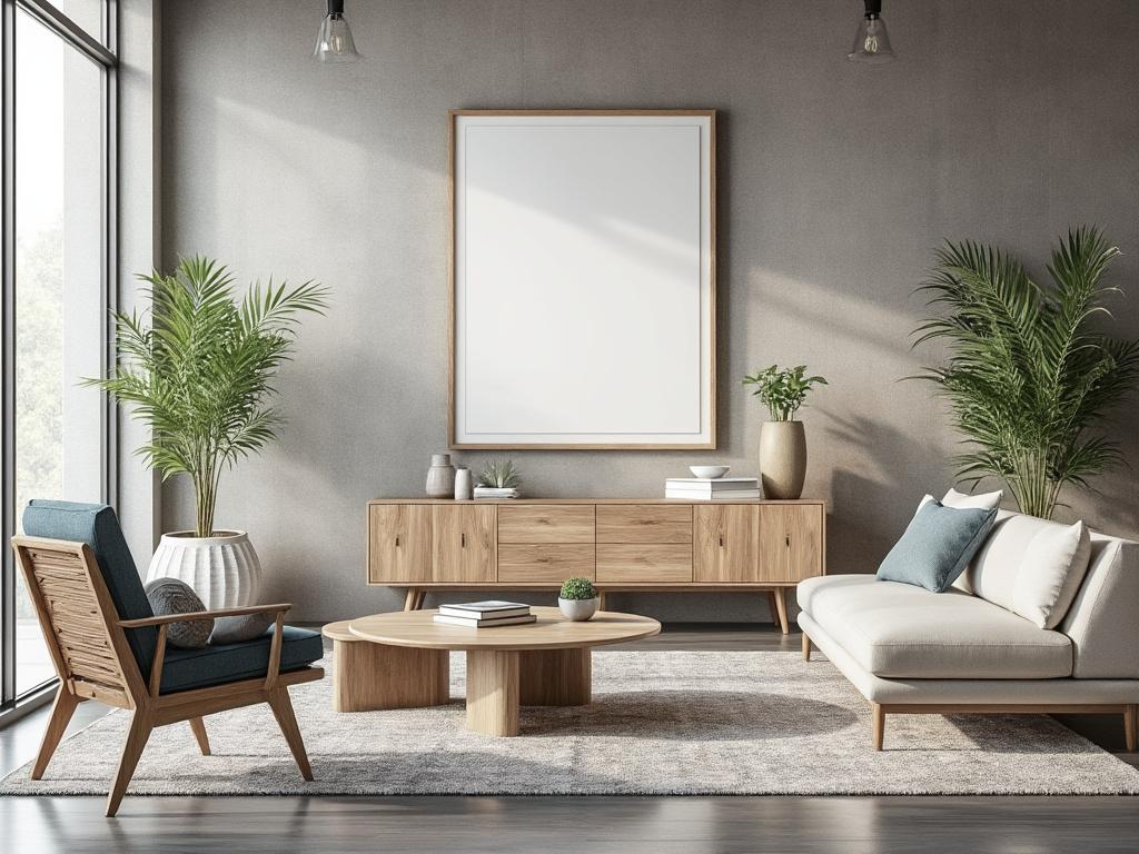 Sala de estar moderna con sofá blanco, silla de madera, mesa de centro redonda, plantas y cuadros en la pared.