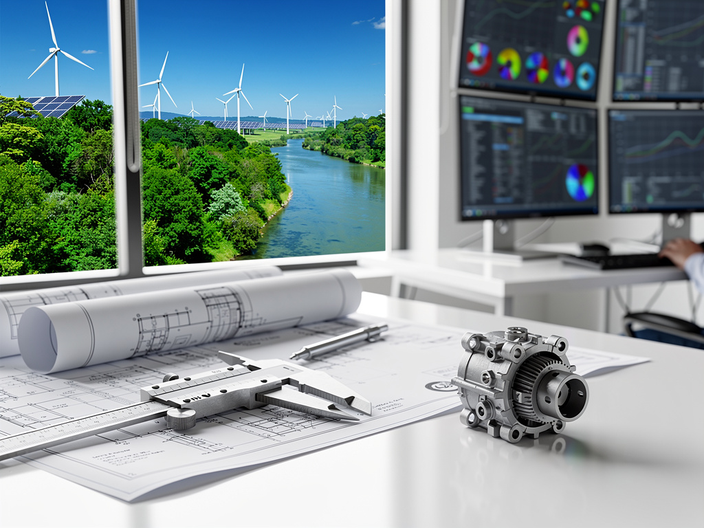 Oficina de ingeniería con planos, calibrador y pieza mecánica, vista a turbinas eólicas, paneles solares y monitores de análisis energético