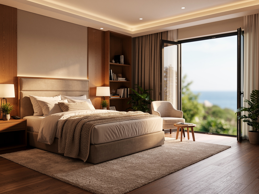 Dormitorio moderno y acogedor con cama grande, iluminación cálida, ventanal abierto y vista al mar