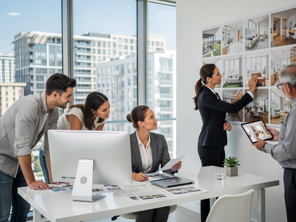 Agentes inmobiliarios presentan fotos de apartamentos a clientes en una oficina moderna con vistas urbanas