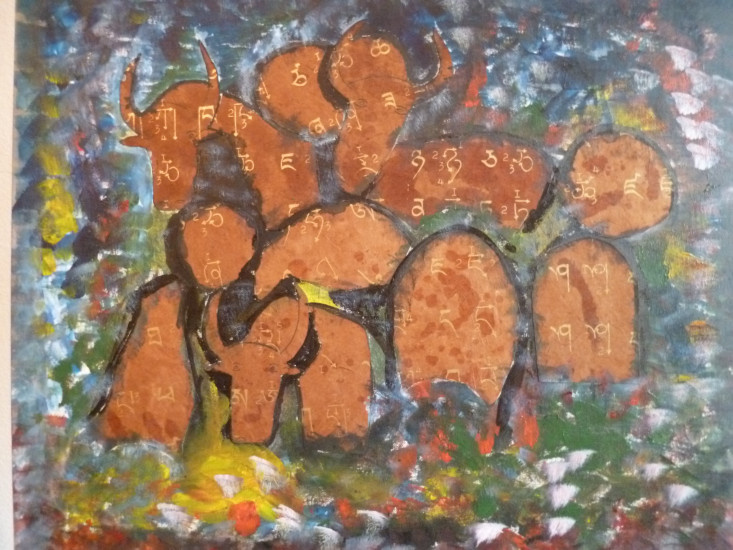 Yaks, acrylic and collage, 60 X 50cm