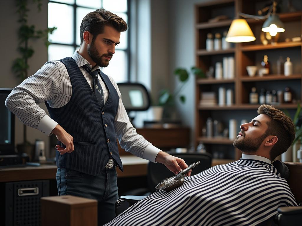 Barber holding scissors while preparing to cut client's hair in a modern barbershop.