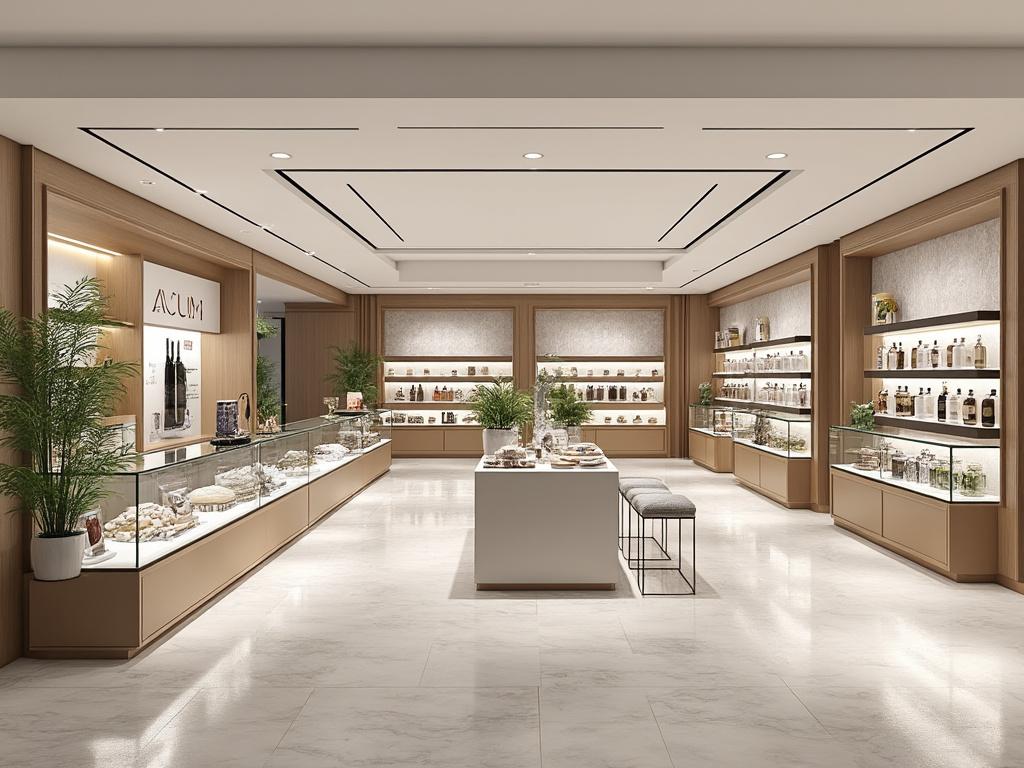 Interior de una tienda elegante con vitrinas de exhibición iluminadas y productos gourmet.