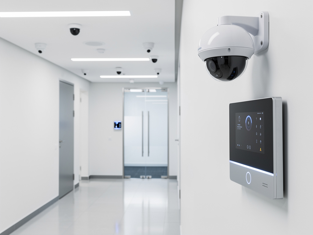 Cámara de seguridad domo y panel de control de acceso en pasillo moderno con sistema de vigilancia