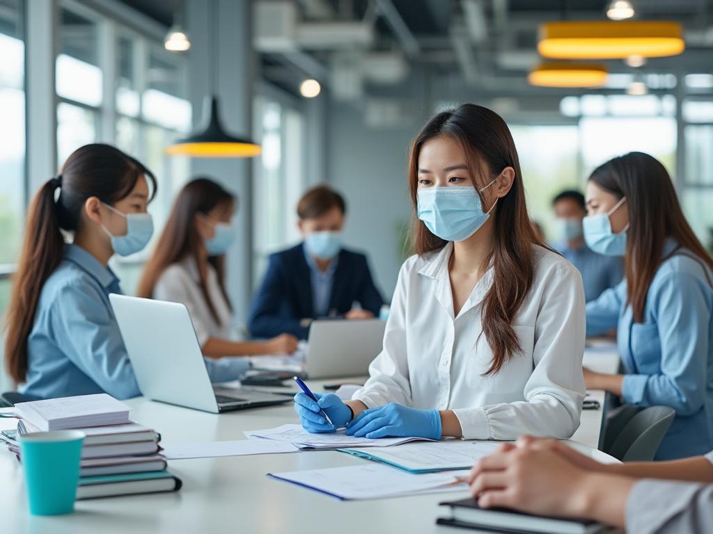 Personas en una oficina usando mascarillas y guantes, trabajando en laptops y documentos, iluminación moderna. Personas en una oficina usando mascarillas y guantes, trabajando en laptops y documentos, iluminación moderna.