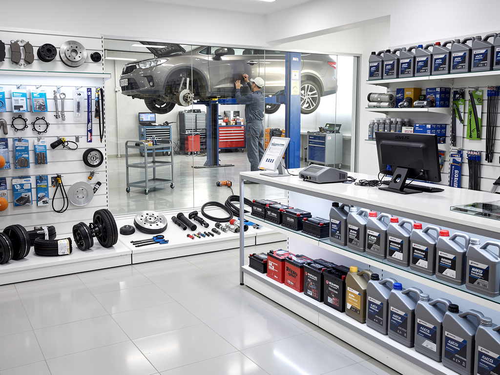Tienda de repuestos y aceites para automóvil con mecánico revisando un coche en elevador Tienda de repuestos y aceites para automóvil con mecánico revisando un coche en elevador