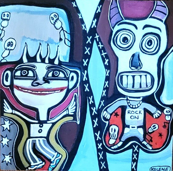 Title DUDES 12 x 12 acrylic on canvas board Kelene 2024 $120.00