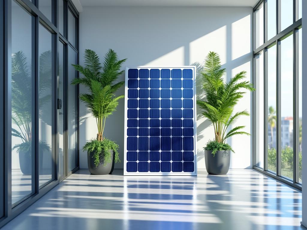 Panel solar en interior con plantas junto a grandes ventanas.
