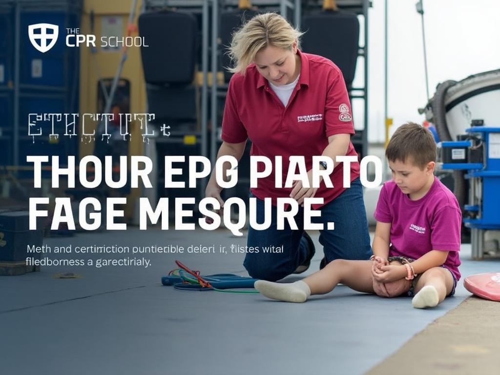 A woman kneels beside a young boy on the floor, demonstrating CPR techniques, with CPR School branding in the background.