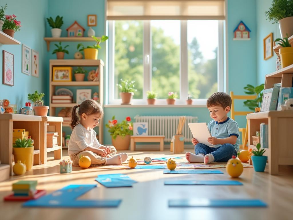 Dos niños jugando en una sala de juegos luminosa, rodeados de juguetes y plantas.