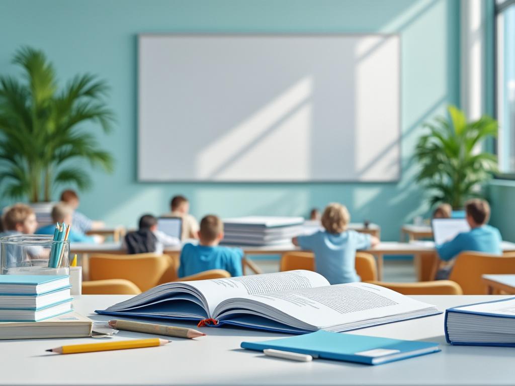 Aula luminosa con estudiantes en escritorios, libros y útiles escolares en primer plano, pizarra blanca al fondo.