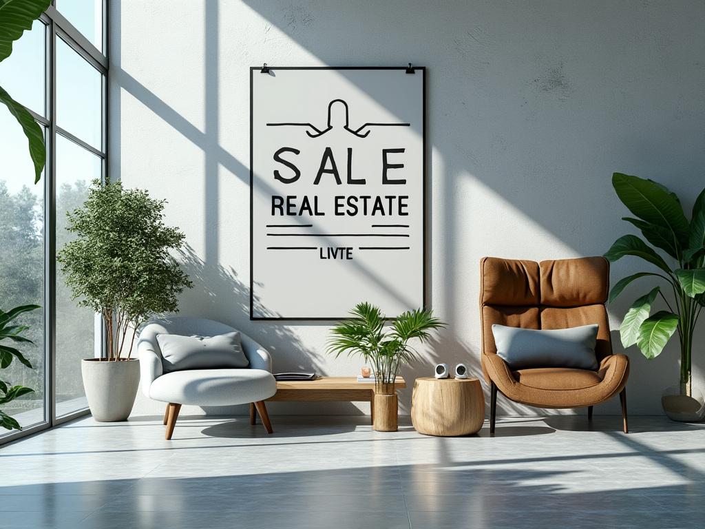 Sala moderna con muebles cómodos, plantas decorativas y gran ventana que ilumina el espacio, junto a un cartel de bienes raíces en la pared. Sala moderna con muebles cómodos, plantas decorativas y gran ventana que ilumina el espacio, junto a un cartel de bienes raíces en la pared.