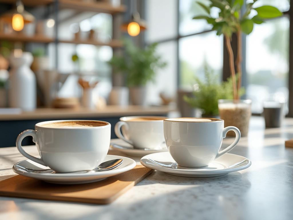 Tres tazas de café en una mesa de mármol en un ambiente de cafetería con luz natural y plantas decorativas.