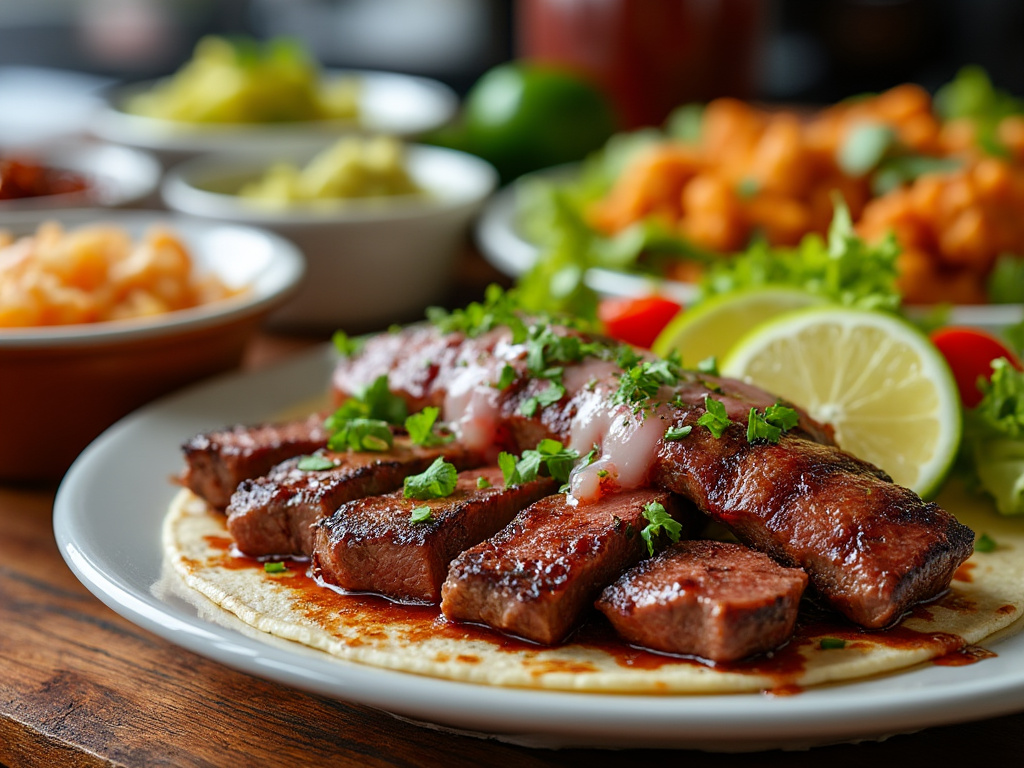 Taco de carne asada con guarnición de limón y hierbas, acompañado de platos de guacamole y ensalada al fondo.