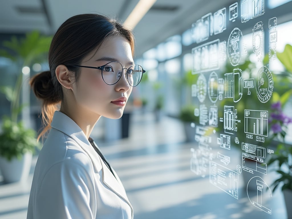 Mujer con gafas y bata de laboratorio observando pantalla holográfica de datos en ambiente moderno y luminoso con plantas.