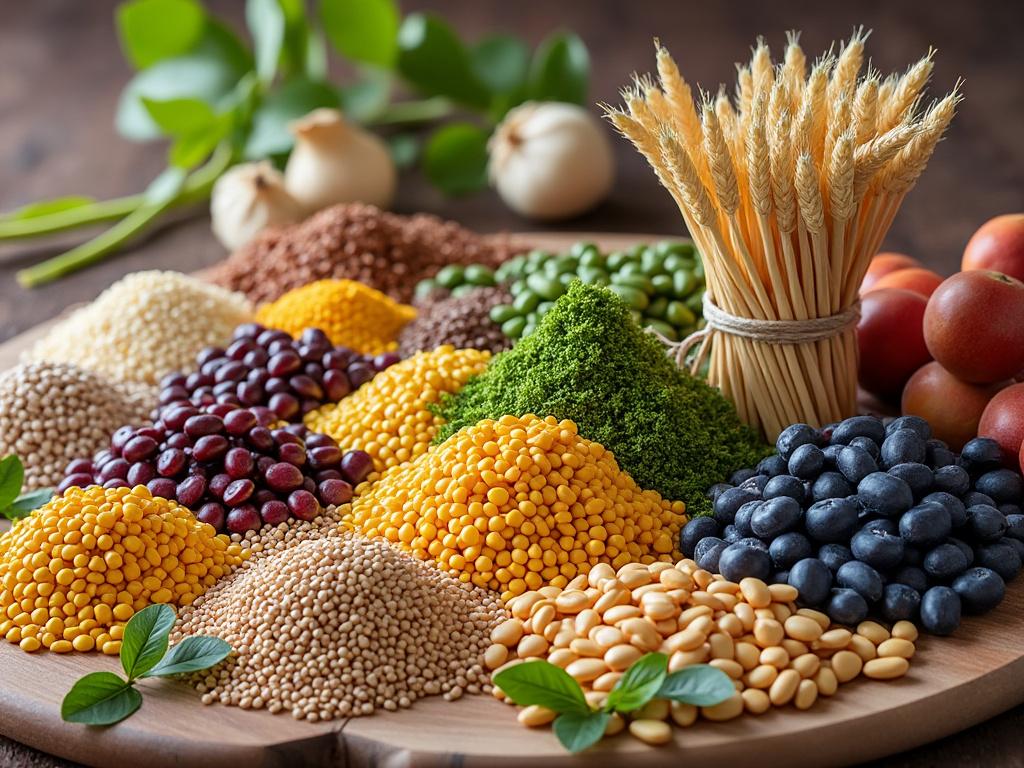 Variedad de granos y legumbres en un plato de madera con fondo de vegetación.