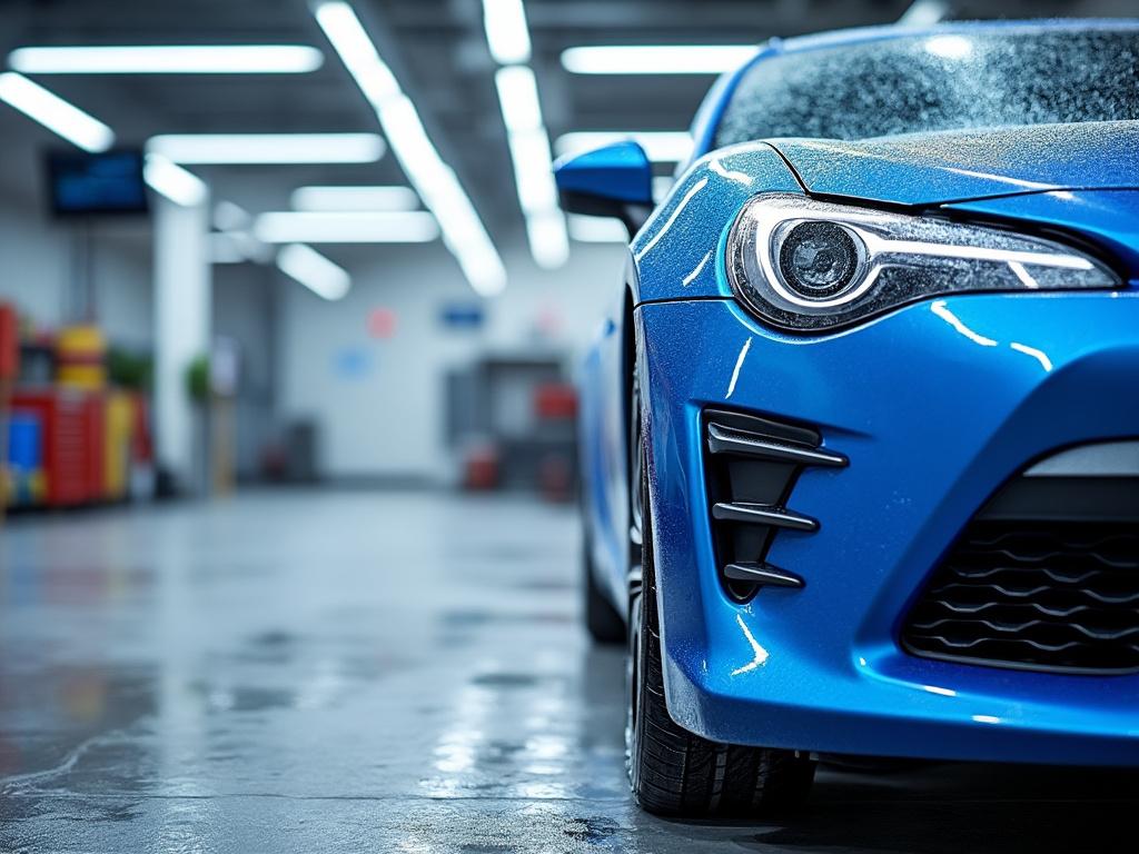 Coche deportivo azul en un garaje con iluminación brillante.