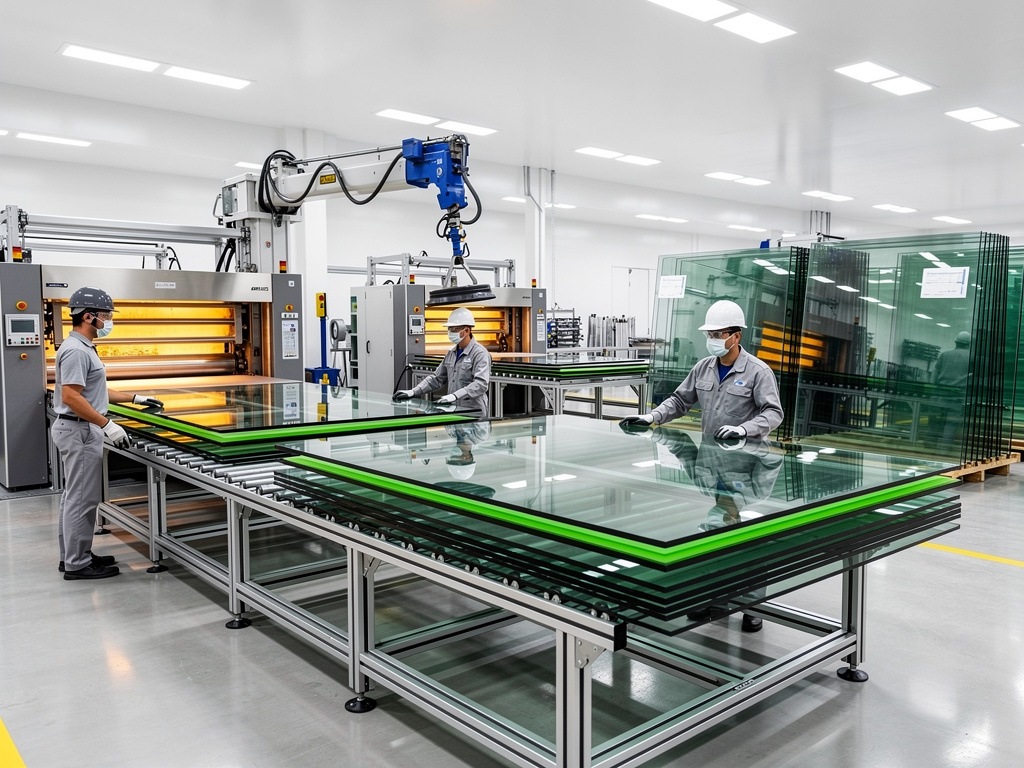 Trabajadores con casco manipulando láminas de vidrio en una fábrica moderna con maquinaria industrial