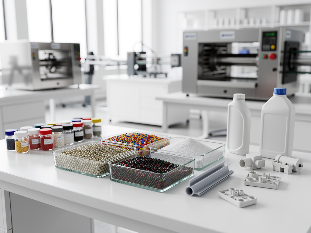 Laboratorio de plásticos con pellets de colores, polvo, botellas y piezas moldeadas sobre mesa de trabajo
