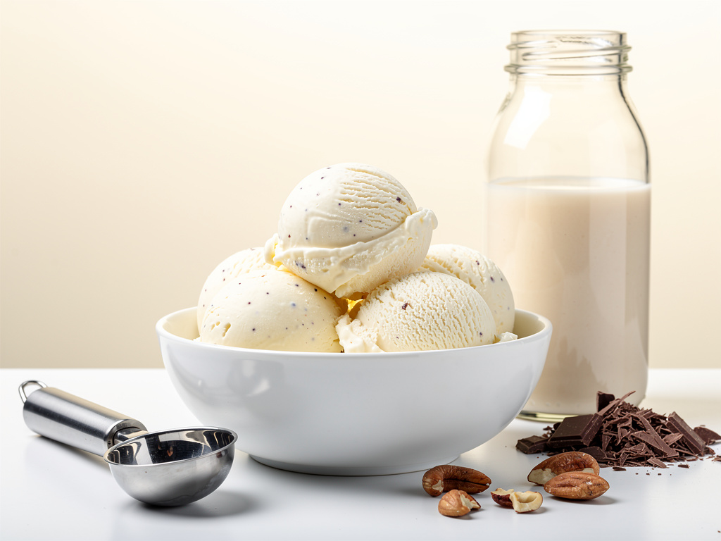 Vanilla ice cream scoops in a white bowl with milk bottle, chocolate shavings, pecans, and metal scoop Vanilla ice cream scoops in a white bowl with milk bottle, chocolate shavings, pecans, and metal scoop