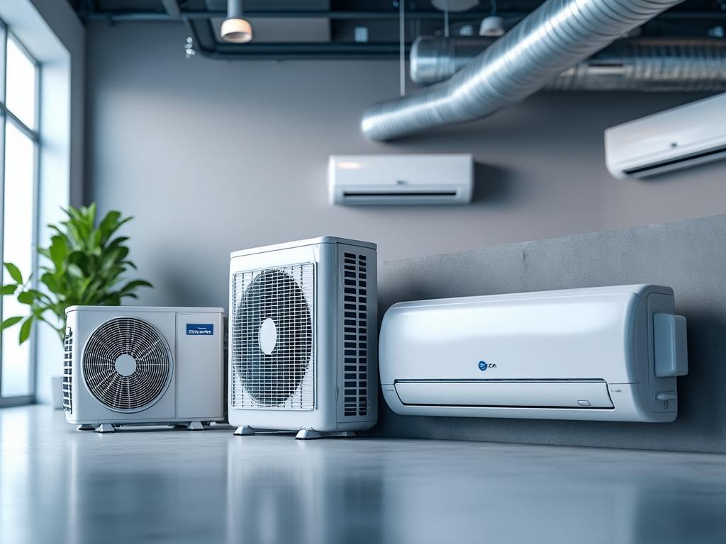Unidades de aire acondicionado modernas en una sala de exposiciones con plantas y conductos visibles.