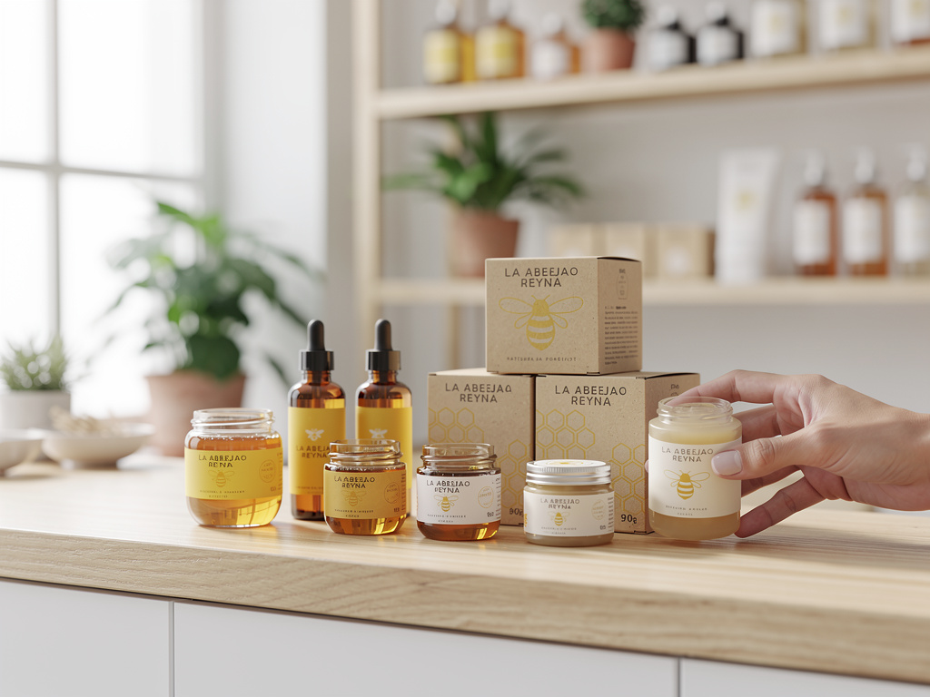 Productos naturales de miel y cuidado de la piel La Abejao Reyna sobre mostrador de madera en tienda luminosa