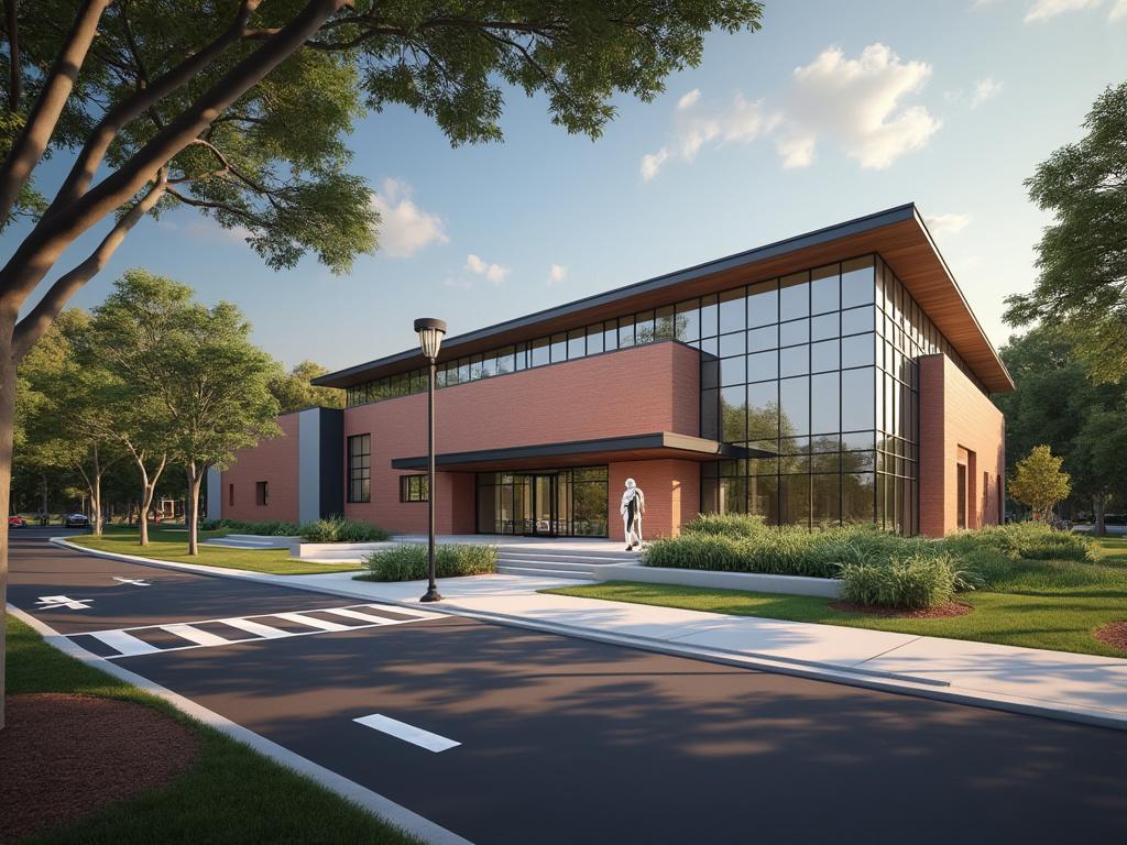 Modern brick building with large glass windows surrounded by trees and landscaped greenery under a clear blue sky.