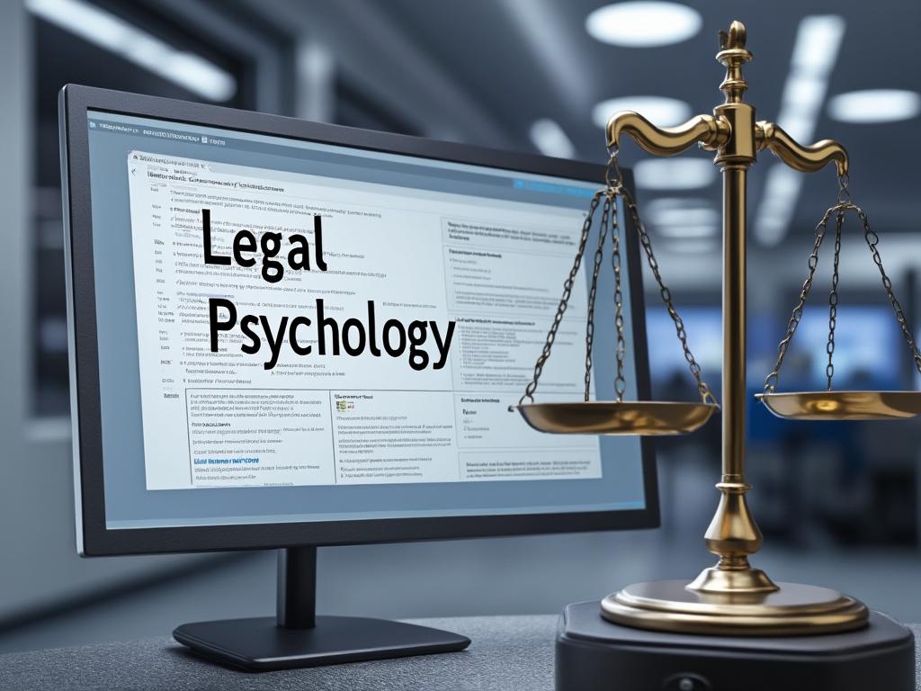 Monitor de computadora con texto 'Legal Psychology' y balanza dorada en oficina moderna.