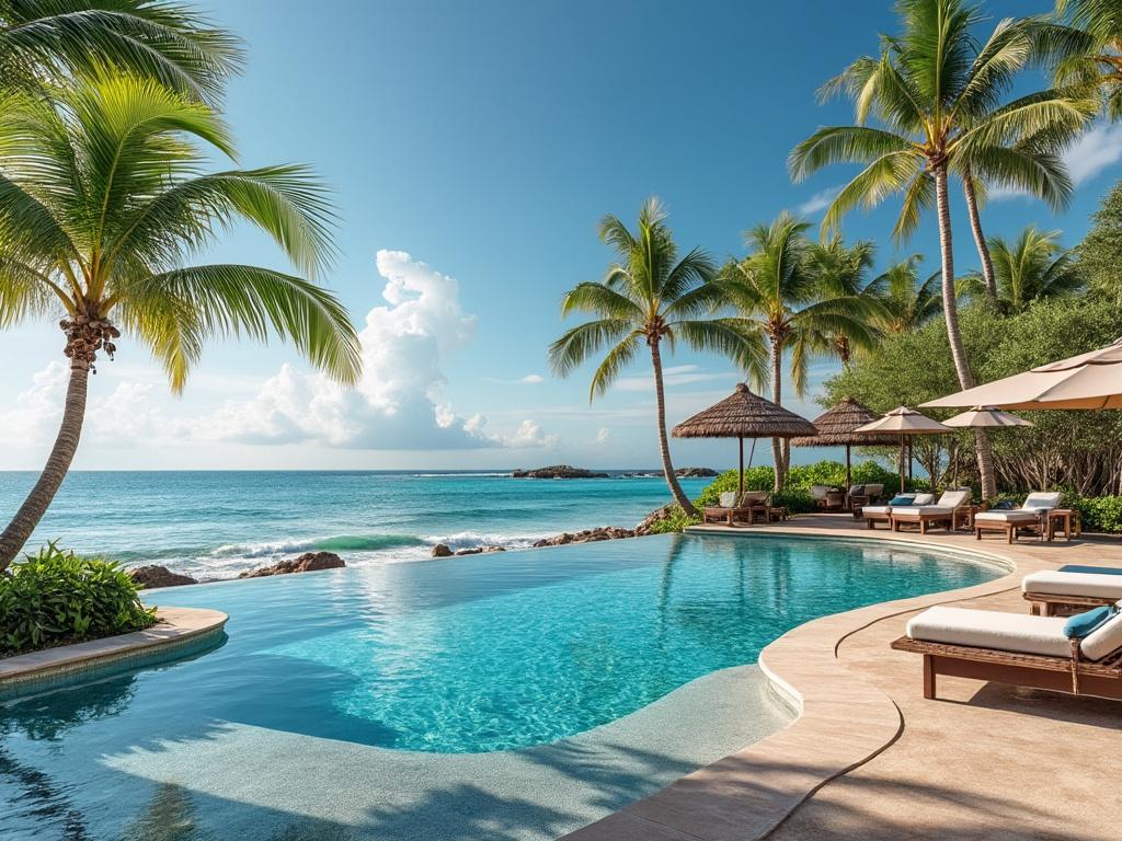 Piscina infinita frente al mar con palmeras y tumbonas bajo sombrillas en un resort tropical.