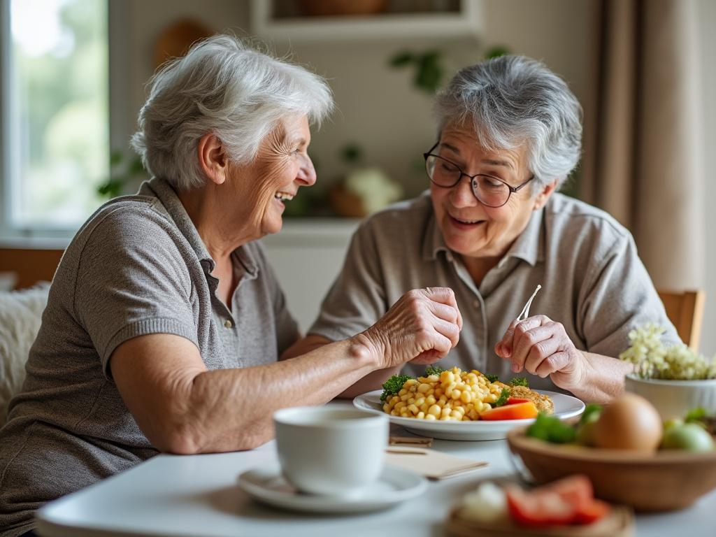 Two elderly women enjoying a meal together at a bright kitchen table.