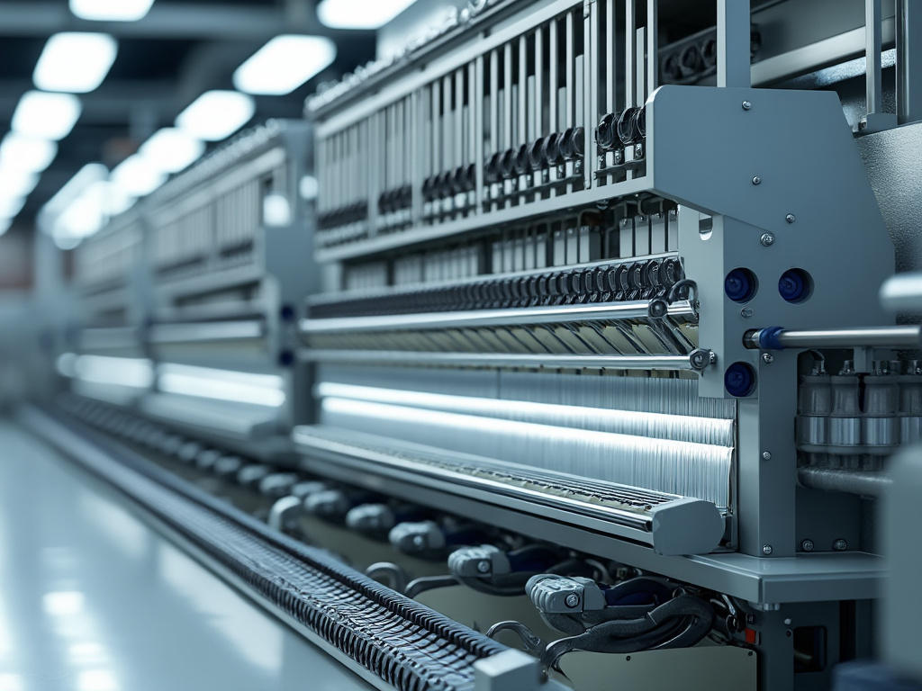 Máquina textil industrial moderna en funcionamiento, enfocada en los rodillos y componentes metálicos, bajo iluminación blanca.