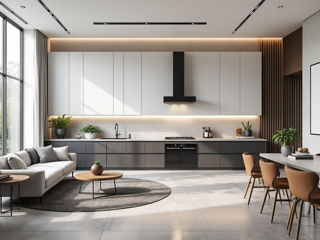 Moderna cocina y sala de estar de concepto abierto con muebles minimalistas, sofás grises, plantas decorativas y mesa de comedor en un espacio amplio y luminoso.