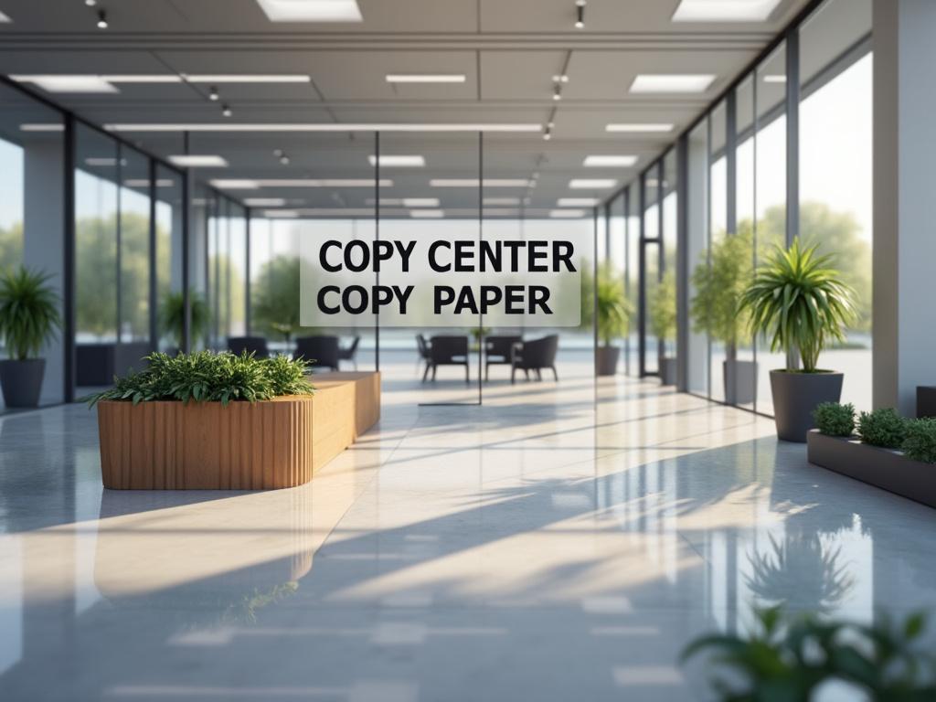 Centro de copiado moderno con plantas y mobiliario elegante.