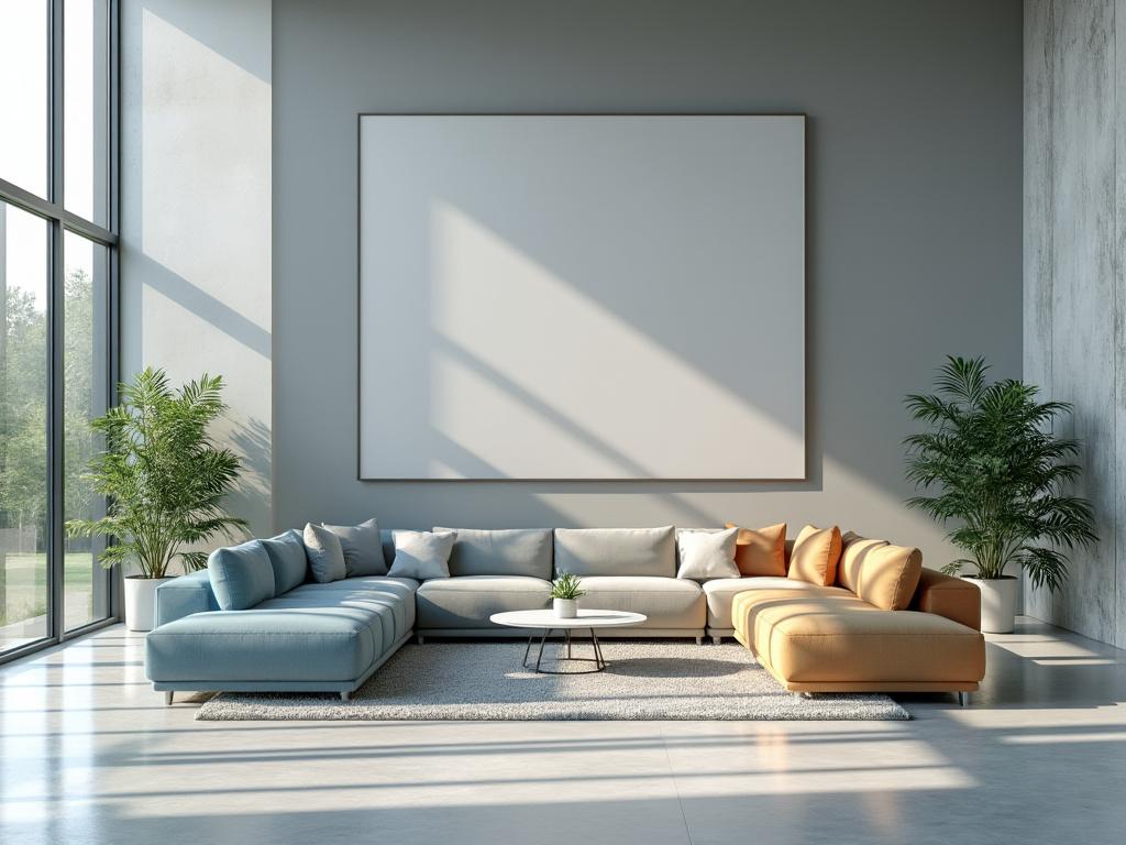 Modern living room with a large sectional sofa in blue and orange tones, minimalist decor, potted plants, and a large blank canvas on the wall.