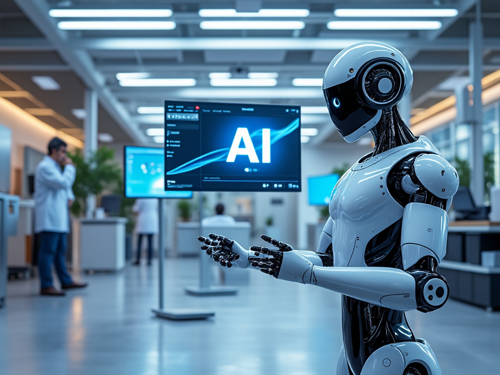 Robot humanoide en oficina moderna con pantalla que muestra 'AI' y científicos al fondo.