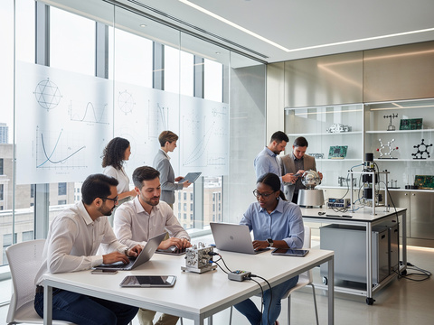 Scientists collaborating in a modern research lab with laptops, glass boards, and laboratory equipment