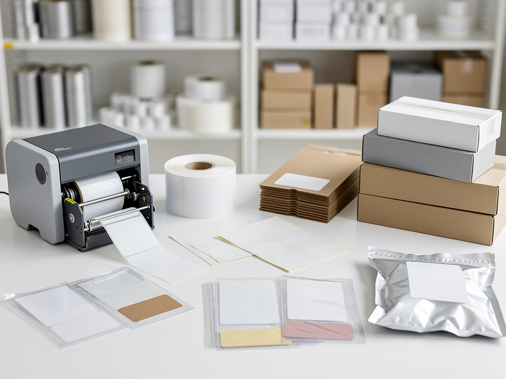 Impresora de etiquetas con rollos adhesivos, sobres, cajas y materiales de embalaje para envíos en oficina