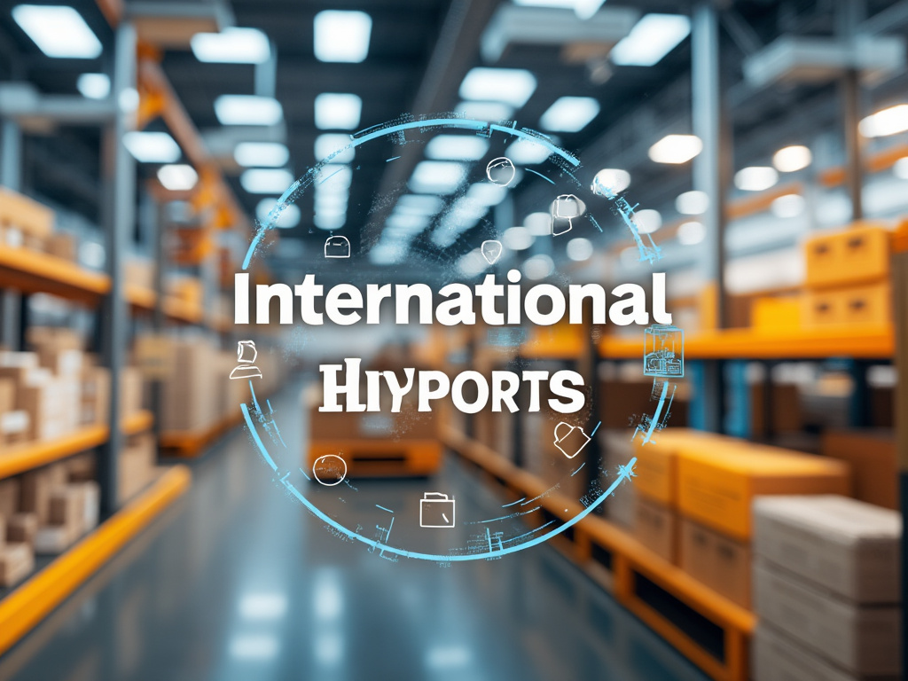 Almacén industrial moderno con cajas apiladas y texto 'International Hyports' al frente.