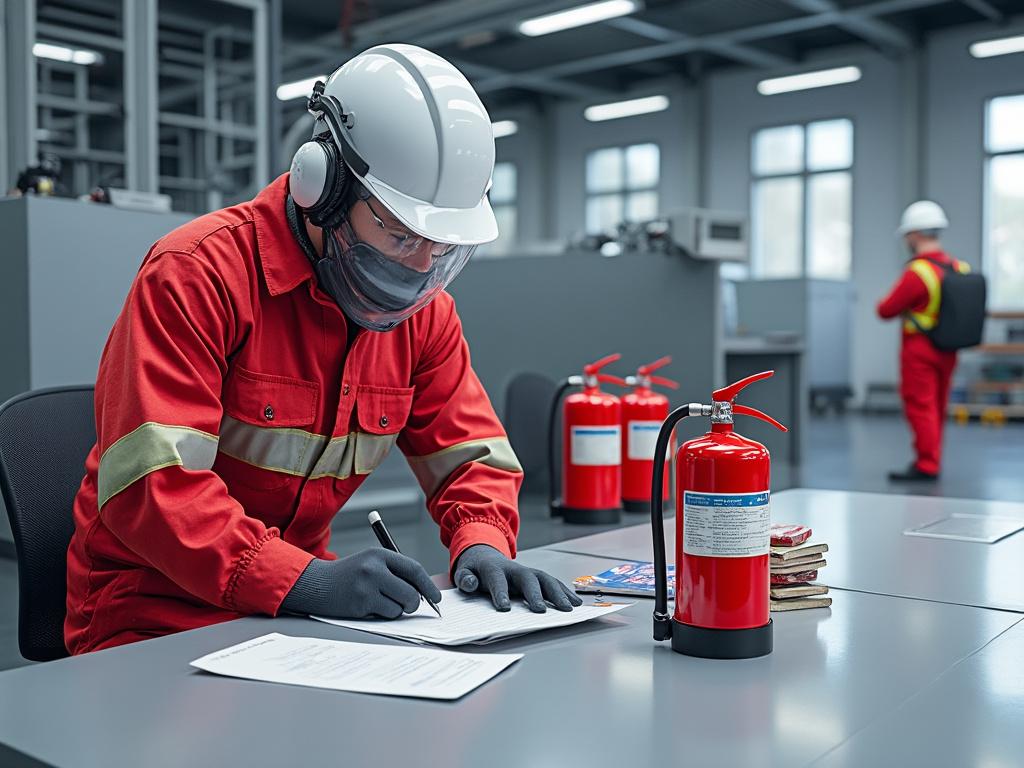 Trabajador industrial con equipo de seguridad firma documentos en oficina junto a extintores.