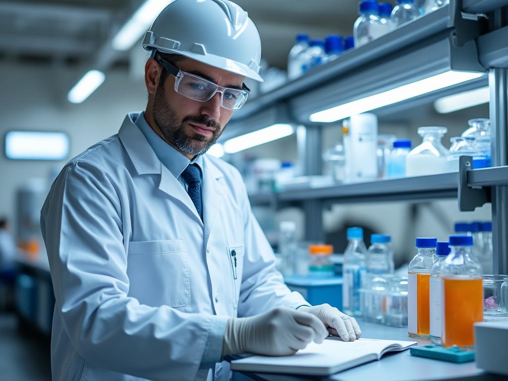 Científico en laboratorio escribiendo en un cuaderno, rodeado de frascos y equipo de laboratorio, llevando equipo de protección como casco y gafas.