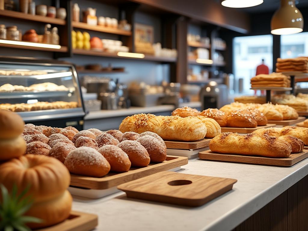 Interior de una panadería con variedad de panes frescos sobre la vitrina y estantes iluminados en el fondo.